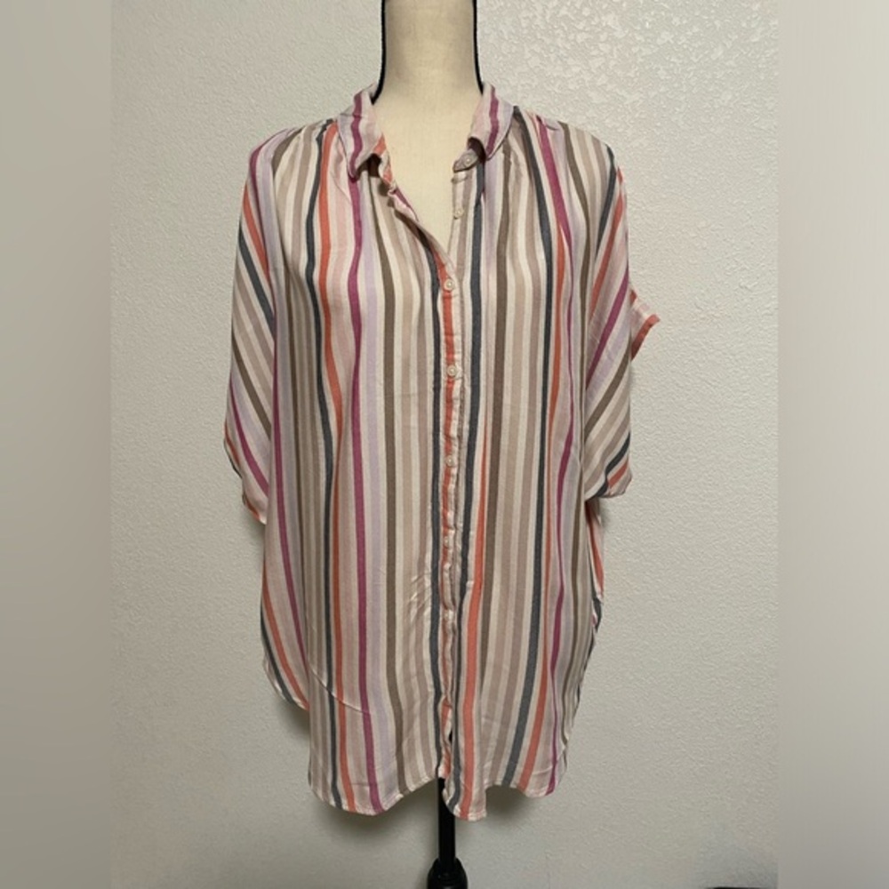 Time And Tru Tunic Button Up Shirt Women's Plus 2XL Short Sleeve Dolman Striped